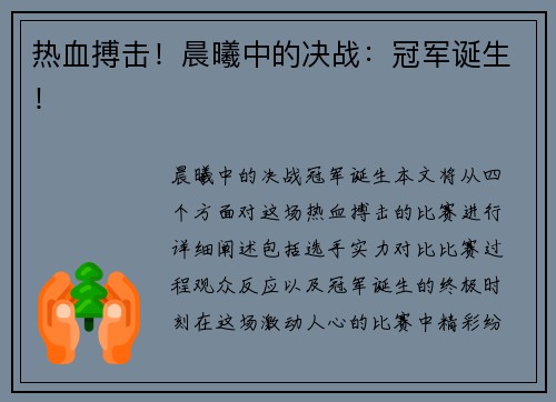热血搏击！晨曦中的决战：冠军诞生！
